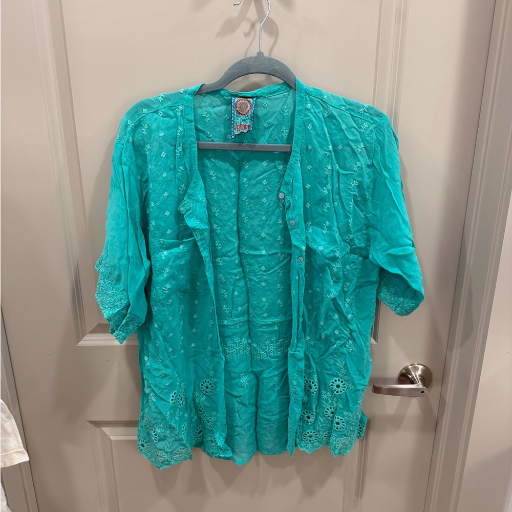 Johnny Was Turquoise Embroidered Top